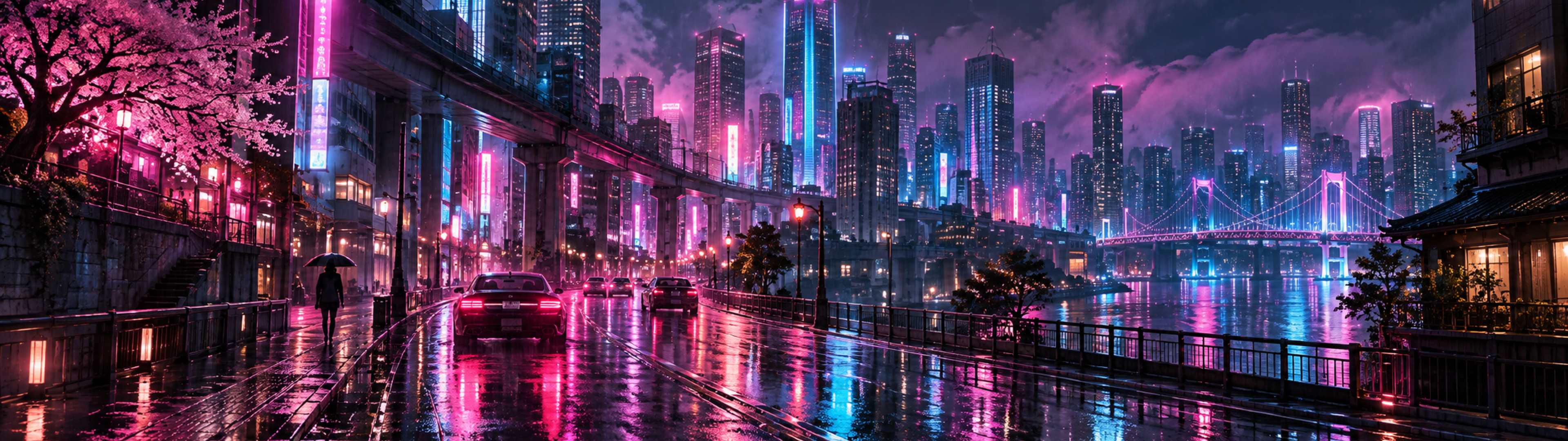 Panorama Tokyo nuit néon (32:9), scène continue sur deux 27″ paysage.